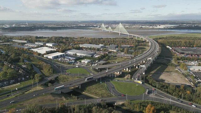 Orbit view of roads leading to The Mersey Gateway Bridge and Astmoor Industrial Estate, Runcorn, Cheshire, England