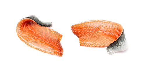 Fresh Salmon Fillet Isolated, Raw Norwegian Red Fish, Trout Meat Piece, Big Fresh Atlantic Salmon Fillet - obrazy, fototapety, plakaty