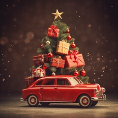 A festive scene unfolds with a red Santa's car featuring gift boxes and a Christmas tree on the roof, capturing the essence of Merry Christmas and a Happy New Year.