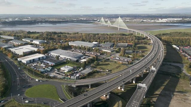Astmoor Industrial Estate and The Mersey Gateway Bridge, Runcorn, Cheshire, England