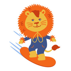 Lion kid on snowboard character. Vector children illustration. Use for t-shirt template, surface design, fashion kids wear, baby shower, sports activities club, winter activities poster, invitations