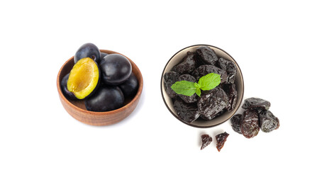 Dry Plums Isolated, Dried Black Fruits, Prune Group, Dry Plum Fruit on White Background