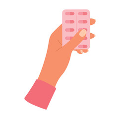 Woman’s hand holding a blister with pills. Drugs, vitamins in female hand. Healthcare, medicine concept. Vector .
