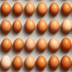 Seamless pattern of chicken eggs on white background.  Photo-realistic image of a group of eggs arranged in a grid pattern, suitable for food and recipe design. 