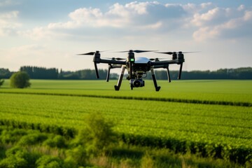Large commercial hexacopter drone with camera flying over a rapeseed field green technilogy future farming support ideas concept