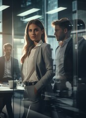 Fototapeta premium Low angle wideshot young smart clever of business people portrait standing in high rise interior office business casual ideas sharing strategy vision goal business ideas concept