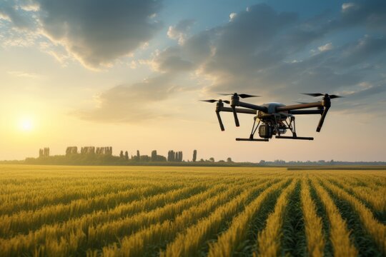 Large commercial hexacopter drone with camera flying over a rapeseed field green technilogy future farming support ideas concept