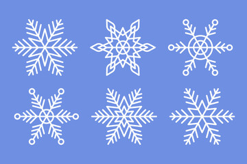 Fototapeta na wymiar White Snowflakes Set on blue background. Vector Winter isolated icons in silhouette. Snow Crystals.