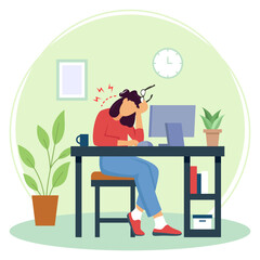 Suffering from neck pain and headache due bad posture concept, employee struggling with a workload vector design, corporate wellbeing symbol, Sedentary lifestyle sign, self serving behaviors stock