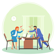 employee having words and pointing finger each other concept, Business hard work psychological exhaustion vector design, corporate wellbeing symbol, Sedentary lifestyle sign, self serving behaviors 