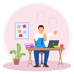 one arm desk stretch while office break concept, Stretching feels good vector icon design, corporate wellbeing symbol, Sedentary lifestyle sign, self serving behaviors stock illustration