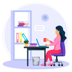 Manager Holding steaming coffee mug while working With a focused expression concept vector icon design, corporate wellbeing symbol, Sedentary lifestyle sign, self serving behaviors stock illustration