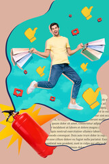 Creative retro 3d magazine collage image of excited guy enjoying shopping sale isolated colorful background