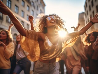 joyful lifestyle Low angle wideshot of A captivating image of group woman dancing in the middle of...