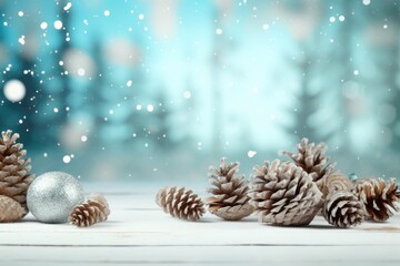 Fototapeta na wymiar Christmas decoration - snowy pine cones on snow with Christmas lights