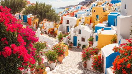 Naklejka premium Beautiful street with flowers, Santorini, Greece