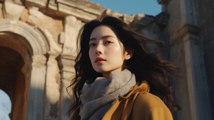 Fototapeta na wymiar beautiful picturesque old europe ruin architecture stylish young profile view japanese woman poses with confidence and grace stylish costume cloth dress travel alone woman carefree in autumn season