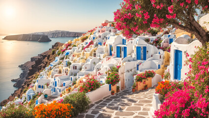Beautiful street with flowers, Santorini, Greece - obrazy, fototapety, plakaty