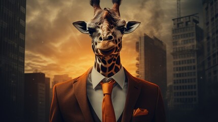 A man with a giraffe's head. Giraffe in a business suit. - obrazy, fototapety, plakaty