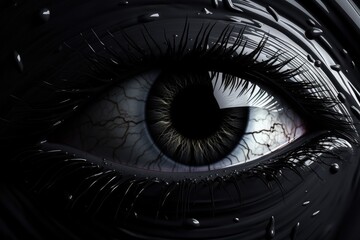 A demonic dark eye in the web looks at you. halloween. scary eye on black background. generative AI - obrazy, fototapety, plakaty