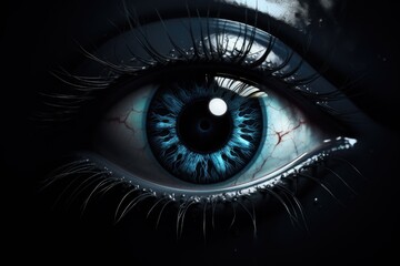 A demonic dark eye in the web looks at you. halloween. scary eye on black background. generative AI - obrazy, fototapety, plakaty