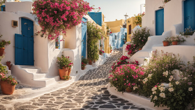 Fototapeta Beautiful  summer street with flowers, Santorini, Greece