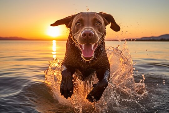 a Labrador Retriever at sunset,