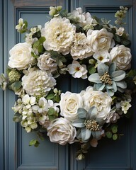 Beautiful floral wreath on a blue wooden door