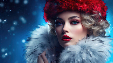 Fototapeta premium woman in luxurious fur coat. Fashion model girl in blue fox fur coat. Perfect makeup and accessories. Beautiful luxury winter lady. Generative AI