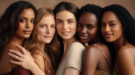 Obraz premium young pretty asian, caucasian, afro woman posing cheerfully together on brown background, lifestyle concept of people of different nationalities. portrait of women