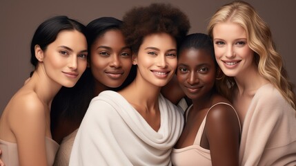 Obraz premium young pretty asian, caucasian, afro woman posing cheerfully together on brown background, lifestyle concept of people of different nationalities. portrait of women