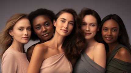 Obraz premium young pretty asian, caucasian, afro woman posing cheerfully together on brown background, lifestyle concept of people of different nationalities. portrait of women