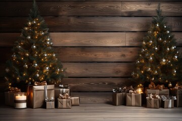 Christmas decorated tree on a wooden background with gifts.