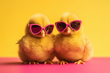 Cute, funny and cool chicken babies wearing sunglasses. Easter background