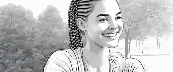 Ein junges Mädchen mit Zopf lächelt. Schwarz - weiß Zeichnung.