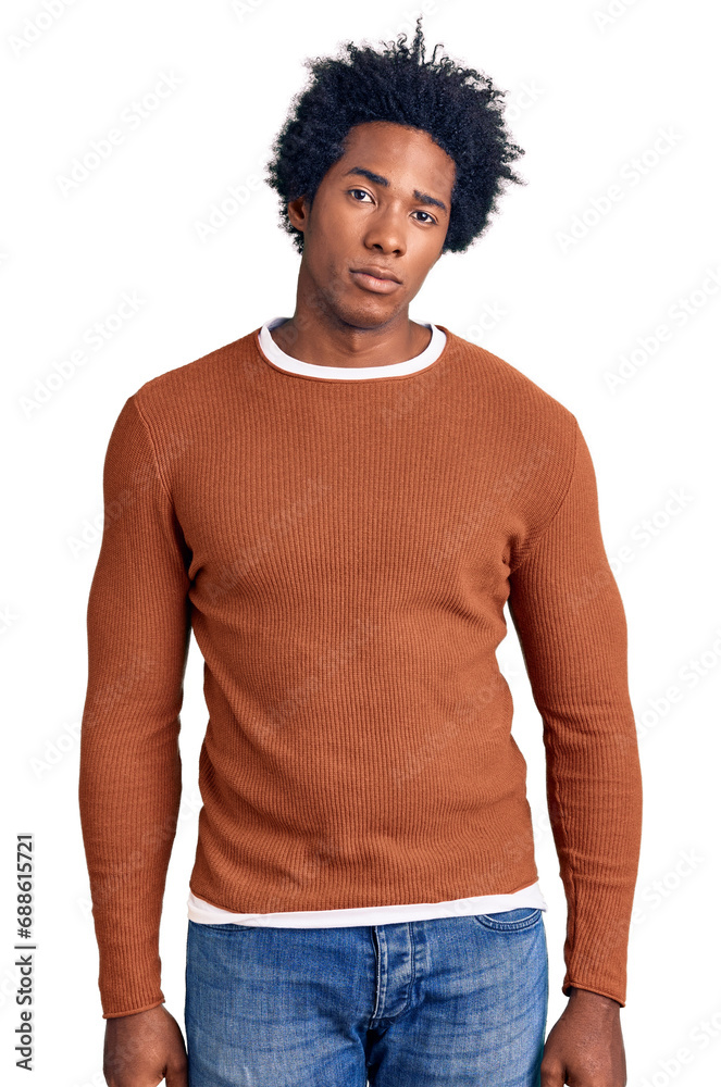 Poster handsome african american man with afro hair wearing casual clothes relaxed with serious expression 