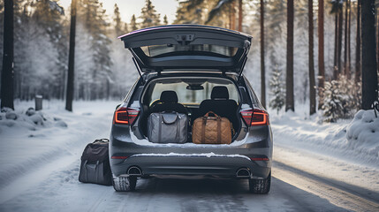 Family preparing a wintersport trip, packing Luggage into a car, back view of the car. 