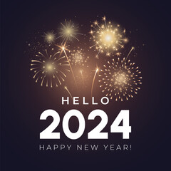 Hello 2024 greeting card design. Happy New Year 2024 greetings against the background of fireworks. Congratulation banner. Vector illustration. - obrazy, fototapety, plakaty