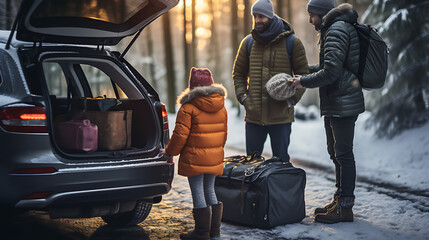 Family preparing a wintersport trip, packing Luggage into a car, back view of the car.  - obrazy, fototapety, plakaty