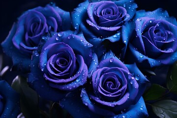 Beautiful blue roses with dew drops. floral background.