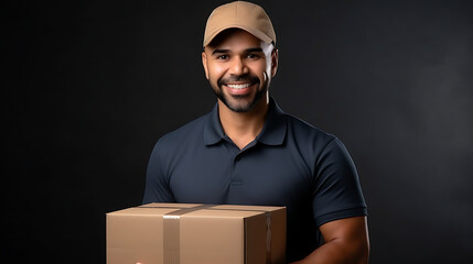 
Portrait of a cheerful courier loader in a blue cap and uniform holding a cardboard box. Delivery man isolated on a plain background. - obrazy, fototapety, plakaty