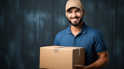 
Portrait of a cheerful courier loader in a blue cap and uniform holding a cardboard box. Delivery man isolated on a plain background.