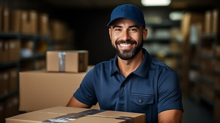 
Portrait of a cheerful courier loader in a blue cap and uniform holding a cardboard box. Delivery man isolated on a plain background. - obrazy, fototapety, plakaty
