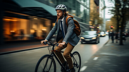 Naklejka premium person riding a bike in the city - Side view of a man riding a bycicle, helmet,