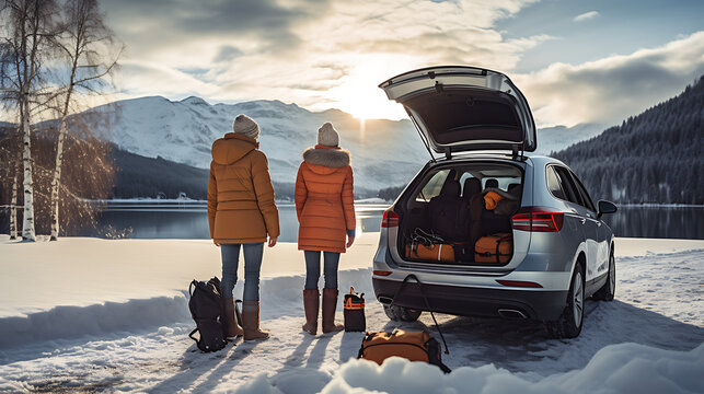 Family Preparing A Wintersport Trip, Packing Luggage Into A Car, Back View Of The Car. 