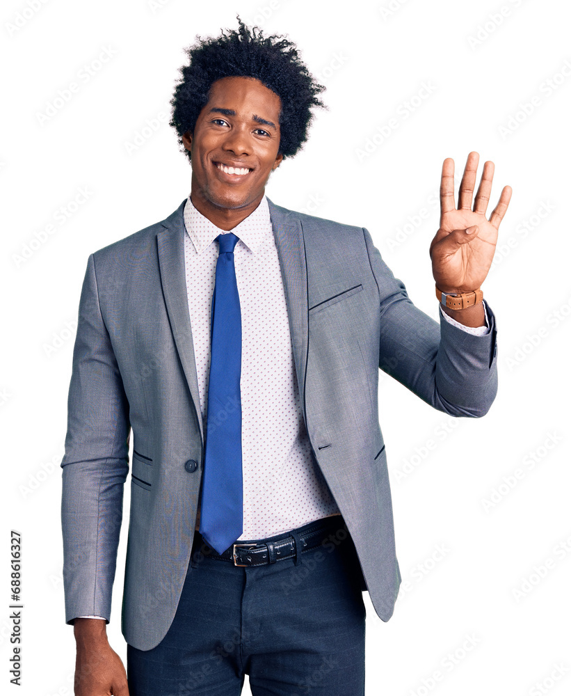 Wall mural Handsome african american man with afro hair wearing business jacket showing and pointing up with fingers number four while smiling confident and happy.