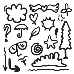 hand drawn set elements, black on white background. flower, leaves, face, heart, light, star, tree, swirl, for concept design.