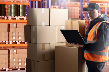 Man warehouse worker. Storage specialist with laptop. Guy is near shelves and cardboard boxes. Supervisor conducts audit at warehouse. Man storage manager uses computer. Guy is in warehouse business