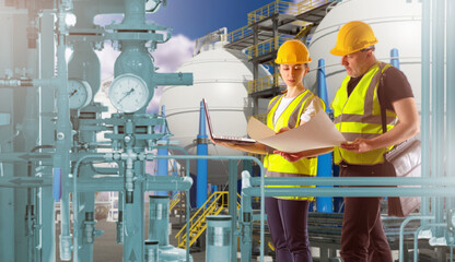 Man and woman work in production. Factory employees in yellow vests. Builders of industrial enterprise. Engineers near gas storage tanks. Teamwork factory workers. Two engineers with papers