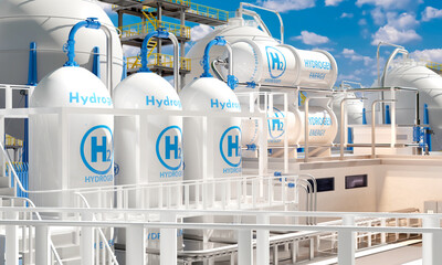 Hydrogen factory. Plant for production of h2 gas. Hydrogen energy. Industrial enterprise on summer day. Factory with tanks filled with liquefied gas. Hydrogen manufactory. 3d image